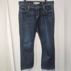 BKE Denim Harper Dark Wash Bootcut Jeans Embellished Pockets Women SZ 33X29 1/2